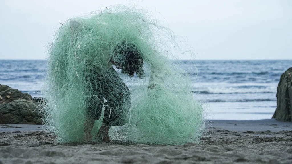 A person on a beach crouched inside a tangled heap of light green fishing netting.
